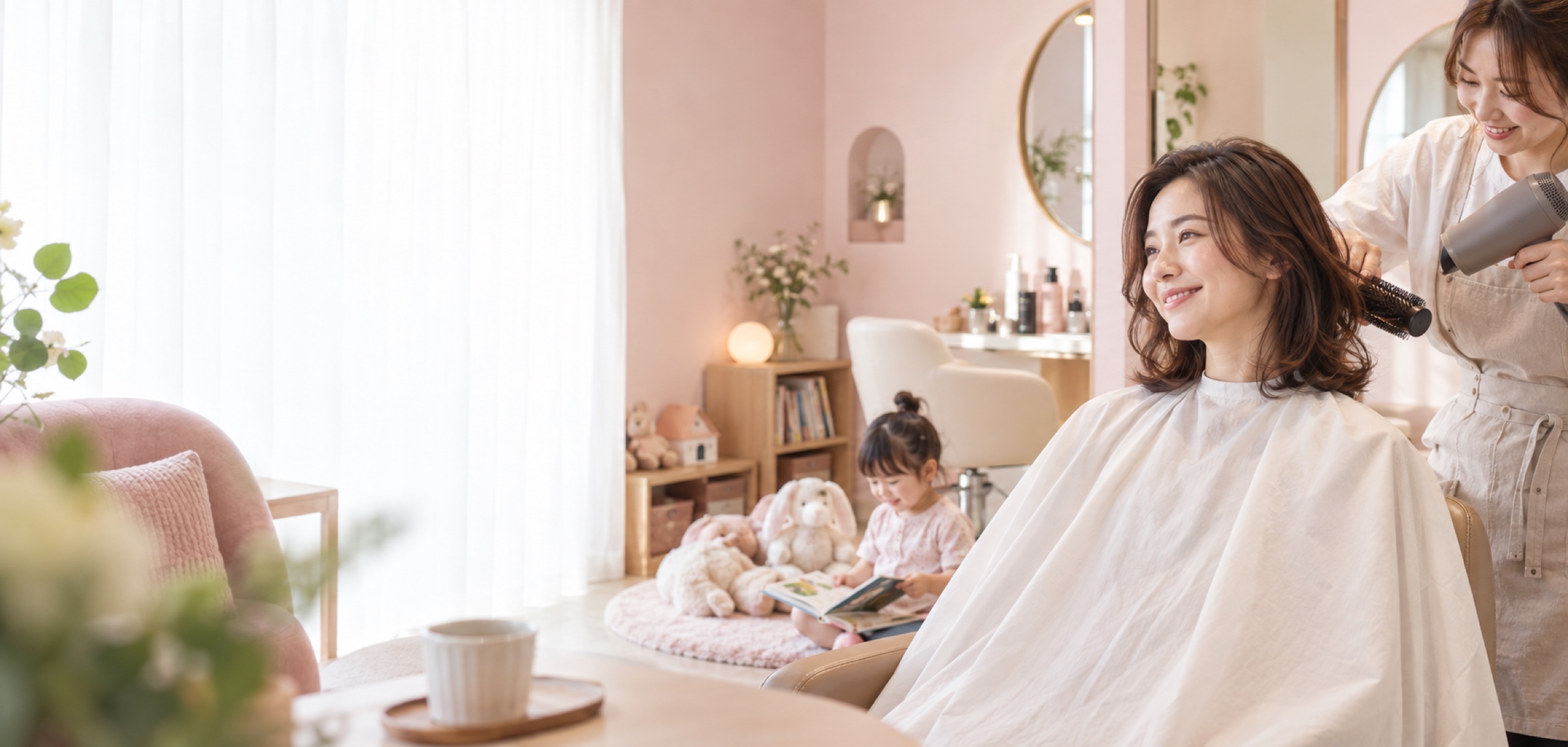 個室の美容室で、お子さまを見守りながらヘアセットを受ける女性
